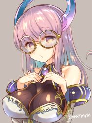 Rule 34 | 1girl, bad id, bad pixiv id, breasts, brown eyes, glasses, horns, impossible clothes, juri (p&amp;d), large breasts, long hair, mashiro miru, pink hair, pursed lips, puzzle &amp; dragons, solo, upper body