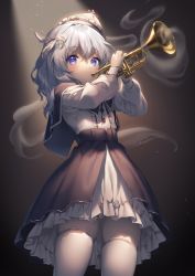 Rule 34 | 1girl, black background, black capelet, black skirt, blue eyes, blush, capelet, commentary, cowboy shot, hair between eyes, hajin, highres, holding, holding instrument, instrument, light rays, looking at viewer, merlin prismriver, music, petticoat, playing instrument, shirt, short hair, silver hair, skindentation, skirt, solo, standing, thighhighs, touhou, trumpet, white headwear, white shirt, white thighhighs, zettai ryouiki