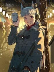 1girl 2025 animal_ears blunt_bangs blush coat cup duffel_coat ear_covers gold_ship_(umamusume) grey_coat grey_hair grin hand_in_pocket highres holding holding_cup horse_ears horse_girl koppe_koppe long_hair looking_at_viewer outdoors pillbox_hat purple_eyes red_sweater smile solo_focus sweater teeth twitter_username umamusume watermark