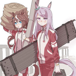 Rule 34 | 2girls, animal ears, blue eyes, blush, brown hair, cement bag, closed mouth, commentary request, gloves, highres, horse ears, horse girl, horse tail, jacket, long hair, long sleeves, looking at viewer, mejiro mcqueen (umamusume), multicolored hair, multiple girls, open clothes, open jacket, open mouth, pants, pink eyes, pink hair, ponytail, railing, red jacket, red pants, ree (re-19), shirt, streaked hair, tail, tokai teio (umamusume), toolbox, track jacket, umamusume, walking, white background, white gloves, white shirt