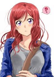 Rule 34 | 10s, 1girl, :&lt;, ?, aged up, alternate costume, alternate hairstyle, between breasts, blue jacket, blush, breasts, casual, closed mouth, earrings, grey shirt, jacket, jewelry, long hair, long sleeves, looking at viewer, love live!, love live! school idol project, medium breasts, nishikino maki, open clothes, open jacket, purple eyes, red hair, sanpaku, shirt, shogo (4274732), simple background, sketch, solo, speech bubble, spoken question mark, strap between breasts, stud earrings, tareme, upper body, white background