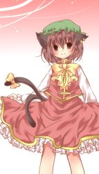 Rule 34 | 1girl, animal ears, bad id, bad pixiv id, brown eyes, brown hair, cat ears, cat girl, cat tail, chen, earrings, female focus, gradient background, hat, jewelry, multiple tails, ribbon, short hair, smile, solo, tail, tail ornament, tail ribbon, tayashigu (suisyounohosizora), touhou