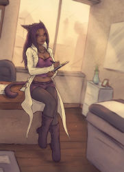 Rule 34 | 10s, animal ears, boots, breasts, cleavage, contemporary, dark-skinned female, dark skin, desk, drawing (object), final fantasy, final fantasy xiv, flower, indoors, lipstick, long hair, makeup, miqo&#039;te, office, on desk, pantyhose, pen, red eyes, shorts, sitting, on desk, solo, soranamae, tail, tower, warrior of light (ff14), window