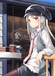 Rule 34 | 1girl, bakery, black shorts, blush, brown pantyhose, cabbie hat, cake, camera, chair, closed mouth, commentary request, day, food, grey hair, hat, highres, long hair, long sleeves, looking at viewer, necktie, open clothes, open vest, original, outdoors, pantyhose, pink necktie, poco (asahi age), red eyes, shirt, shop, shorts, sidelocks, single-lens reflex camera, sitting, sleeves past elbows, sleeves rolled up, solo, table, vest, white hair, white shirt