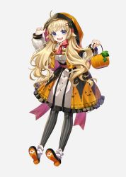 Rule 34 | 1girl, basket, blonde hair, blue eyes, commentary request, dress, frilled dress, frills, gezerun, hair between eyes, halloween, halloween costume, highres, hololive, hood, hoodie, horns, long hair, looking at viewer, pantyhose, pumpkin, sheep girl, sheep horns, simple background, solo, striped clothes, striped legwear, striped pantyhose, tsunomaki watame, vertical-striped clothes, vertical-striped pantyhose, virtual youtuber, white background, white dress, yellow dress, yellow hoodie