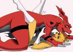 Rule 34 | 1boy, 1girl, absurdres, ahegao, black sclera, blue eyes, blush, breasts, claws, colored sclera, colorized, cum, digimon, digimon (creature), digimon tamers, fangs, furry, guilmon, hetero, highres, renamon, sex, yawg, yellow eyes