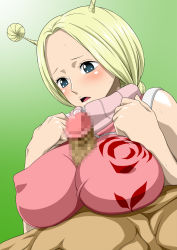Rule 34 | 1boy, 1girl, antenna hair, blonde hair, blue eyes, blush, braid, breasts, censored, clothed female nude male, conis (one piece), erection, hetero, highres, nel-zel formula, nude, one piece, paizuri, paizuri over clothes, penis, precum, sweat, twin braids