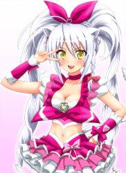 Rule 34 | 1girl, animal ears, braid, breasts, cat ears, cat tail, cleavage, cosplay, cure melody, cure melody (cosplay), diesel-turbo, dog days, earrings, jewelry, koshimizu ami, leonmitchelli galette des rois, long hair, magical girl, md5 mismatch, midriff, navel, precure, voice actor connection, skirt, solo, suite precure, tail, twintails, white hair, yellow eyes