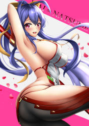 Rule 34 | 1girl, :d, absurdres, antenna hair, arm up, armpits, ass, backless outfit, black pants, blazblue, blazblue: central fiction, blazblue variable heart, blue hair, blush, bow, breasts, character name, from side, genderswap, genderswap (mtf), hair between eyes, hair bow, halterneck, halterneck, highres, huge breasts, long hair, looking at viewer, looking to the side, lowleg, lowleg pants, mai natsume, open mouth, outseal, pants, polearm, ponytail, rai (newtype xm-x1), red eyes, revealing clothes, sideboob, skindentation, smile, solo, spear, thighs, very long hair, weapon, yellow bow