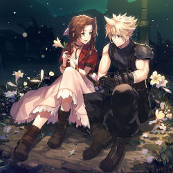 Rule 34 | 1boy, 1girl, aerith gainsborough, armor, baggy pants, bangle, black gloves, blonde hair, blue eyes, boots, bracelet, braid, braided ponytail, brown hair, choker, cloud strife, dating, dress, eye contact, final fantasy, final fantasy vii, final fantasy vii remake, flower, full body, gainsborough house, gloves, green eyes, hair ribbon, half-closed eyes, jacket, jewelry, looking at another, night, outdoors, pants, parted bangs, pink dress, red jacket, ribbon, sam ashton, short sleeves, shoulder armor, sitting, sleeveless, sleeveless sweater, smile, spiked hair, square enix, sweater, turtleneck, turtleneck sweater