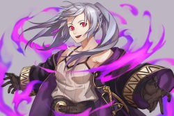 Rule 34 | 1girl, aura, bare shoulders, belt, black gloves, breasts, cleavage, dark aura, fire emblem, fire emblem awakening, fire emblem heroes, gloves, grey background, grey hair, grima (fire emblem), kamu (kamuuei), long hair, long sleeves, looking at viewer, medium breasts, nintendo, open mouth, outstretched arms, red eyes, robe, robin (female) (fire emblem), robin (fire emblem), simple background, smile, solo, spread arms, twintails, upper body, wide sleeves, wizard