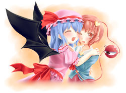 Rule 34 | 2girls, anger vein, arm around waist, bat wings, blouse, blue hair, bow, cheek-to-cheek, closed eyes, fang, gradient background, hand on another&#039;s shoulder, hat, hat ribbon, headband, heads together, heart, highres, hug, ifnil, komeiji satori, long sleeves, looking at another, mob cap, multiple girls, one eye closed, open mouth, pink eyes, pink hair, puffy short sleeves, puffy sleeves, remilia scarlet, ribbon, shirt, short hair, short sleeves, simple background, skirt, skirt set, third eye, touhou, wavy mouth, wings, wink