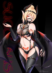 Rule 34 | 1girl, bare shoulders, blonde hair, bondage outfit, bridal gauntlets, chest jewel, cowboy shot, demon girl, demon horns, demon tail, demon wings, elbow gloves, facial tattoo, fang, gloves, gradient background, harness, high ponytail, highres, horns, inyuppo, looking at viewer, navel, original, papyrus (font), pointy ears, pubic tattoo, red eyes, revealing clothes, shiny clothes, shiny skin, simple background, skindentation, slit pupils, solo, tail, tattoo, thigh strap, wings