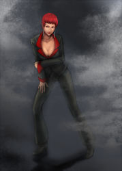 Rule 34 | 1girl, alternate outifit, breasts, cleavage, collarbone, earrings, formal, full body, hand on own thigh, hand on thigh, holding own arm, jewelry, lipstick, makeup, no bra, nose, pant suit, pants, red eyes, red hair, shirosaba, short hair, smoke, snk, solo, suit, the king of fighters, vice (kof)