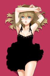 Rule 34 | armpits, blue eyes, brown hair, dress, long hair, lying, mattaku mousuke, red background, simple background, solo
