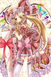 Rule 34 | 1girl, :o, alternate hairstyle, blonde hair, blush, bow, choker, cross, dress, earrings, embellished costume, female focus, flandre scarlet, frills, gathers, hair ornament, hairclip, haru ion, hat, highres, jewelry, lace, large bow, lolita fashion, long hair, open mouth, red dress, red eyes, seigaiha, solo, thighhighs, touhou, very long hair, wings, zettai ryouiki