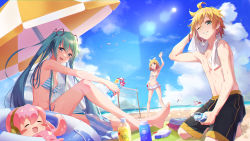 Rule 34 | :d, absurdres, animal, ball, beach umbrella, beachball, bikini, bird, black male swimwear, blonde hair, blue sky, bottle, carrying, carrying under arm, chromatic aberration, cloud, cocktail umbrella, commentary request, cup, day, frilled bikini, frills, front-tie bikini top, front-tie top, green eyes, green hair, grin, hand up, hatsune miku, highres, holding, holding bottle, holding cup, jet ski, kagamine len, kagamine rin, kaito (vocaloid), knee up, lifebuoy, long hair, male swimwear, megurine luka, meiko (vocaloid), noyk iv, ocean, one eye closed, open mouth, outdoors, parted bangs, sitting, sky, smile, standing, striped bikini, striped clothes, summer, swim ring, swim trunks, swimsuit, takoluka, topless male, towel, towel around neck, twintails, umbrella, very long hair, vocaloid, volleyball net, water bottle, white bikini