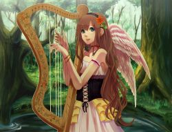 Rule 34 | 1girl, angel, angel wings, bad id, bad pixiv id, bare shoulders, blue eyes, brown hair, choker, dress, flower, forest, hair flower, hair ornament, hairband, harp, highres, instrument, lips, long hair, multicolored nails, nail polish, nature, original, pink wings, solo, water, wings, xino