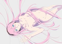 Rule 34 | 1girl, aqua eyes, avtechno!, breasts, censored, convenient censoring, dye (vocaloid), face, fuziwara ayumu, hair censor, hair over breasts, headphones, legs, long hair, megurine luka, nude, pink hair, simple background, solo, very long hair, vocaloid