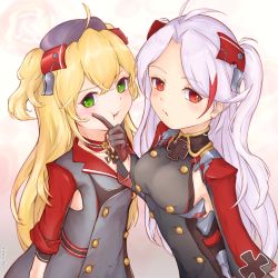 Rule 34 | 2girls, admiral hipper (azur lane), ahoge, antenna hair, armpit cutout, azur lane, blonde hair, blush, breasts, buttons, choker, closed mouth, clothing cutout, collarbone, commentary request, cowboy shot, cross, crossed bangs, double-breasted, dress, elbow sleeve, finger to another&#039;s cheek, flat chest, gloves, green eyes, grey dress, grey gloves, hair between eyes, hand up, hat, headgear, highres, iron cross, large breasts, long hair, long sleeves, looking at viewer, mole, multicolored hair, multiple girls, peaked cap, pout, prinz eugen (azur lane), red eyes, red hair, red sleeves, side cutout, sideboob, sidelocks, silver hair, standing, streaked hair, swept bangs, taka-8g, twitter username, two side up