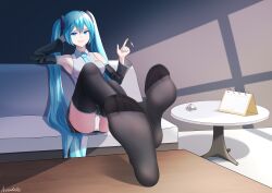 Rule 34 | 1girl, absurdres, aqua hair, aqua necktie, arendelle, arm up, armpits, bare shoulders, black skirt, black sleeves, black thighhighs, breasts, calendar (object), cameltoe, chastity cage, collared shirt, couch, crossed ankles, detached sleeves, double-parted bangs, feet, foot focus, full body, grey shirt, hair between eyes, hair ornament, hand up, hatsune miku, highres, indoors, legs, long hair, looking at viewer, medium breasts, necktie, no shoes, on couch, panties, pleated skirt, shadow, shirt, sidelocks, sitting, skirt, smile, smug, soles, solo, spinning, table, thighhighs, thighs, toes, twintails, underwear, very long hair, vocaloid, white panties