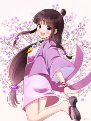 Rule 34 | 1girl, maya fey, black hair, blush, breasts, commentary request, ace attorney, half updo, highres, irono1910, japanese clothes, jewelry, kimono, long hair, looking at viewer, magatama, necklace, open mouth, smile, solo