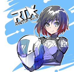 Rule 34 | 1girl, 2018, black hair, commentary request, company connection, english text, gen lock, helmet, iesupa, multicolored hair, pilot suit, red hair, roosterteeth, ruby rose, rwby, voice actor connection, shoulder pads, grey eyes, smile, solo, two-tone hair