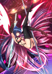 Rule 34 | adsouto, armpits, bondage outfit, boots, choker, colored inner hair, corset, detached sleeves, garter straps, high heel boots, high heels, highres, indoors, legs, long hair, multicolored hair, nail polish, panty &amp; stocking with garterbelt, revealing clothes, stocking (psg), sword, thigh boots, thighhighs, toenail polish, toenails, two-tone hair, very long hair, weapon, wings
