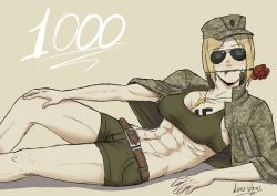 Rule 34 | 1girl, abs, absurdres, aviator sunglasses, belt, belt buckle, blood, blood on face, buckle, chest tattoo, crop top, cross, cross necklace, fang, fangs, highres, jacket, jacket on shoulders, jewelry, lying, marichka, military uniform, muscular, muscular female, nazi, necklace, rose in mouth, short hair, shorts, solo, sunglasses, swastika, tattoo, ukraine, uniform