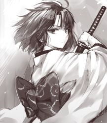 Rule 34 | 1girl, black hair, japanese clothes, kara no kyoukai, kimono, momoko (momopoco), monochrome, obi, ryougi shiki, sash, short hair, solo, sword, weapon