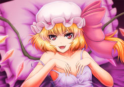 Rule 34 | 1girl, blonde hair, dress, fangs, female focus, flandre scarlet, frilled pillow, frills, hands on own chest, hat, hat ribbon, lying, nazal, nightgown, on back, open mouth, pillow, purple dress, red eyes, ribbon, side ponytail, smile, solo, strap slip, embodiment of scarlet devil, touhou, wings