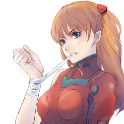 Rule 34 | 00s, 1girl, bandages, blue eyes, brown hair, evangelion: 2.0 you can (not) advance, koshi00x, long hair, mouth hold, neon genesis evangelion, plugsuit, rebuild of evangelion, red hair, solo, souryuu asuka langley, upper body