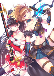 Rule 34 | 2girls, bell, blonde hair, breasts, copyright request, cover, cover page, elbow gloves, garter straps, gloves, gun, gun shadow, handgun, headband, long hair, looking at viewer, midriff, multiple girls, musket, nishimura eri, pleated skirt, ponytail, purple eyes, red eyes, revolver, skirt, small breasts, thighhighs, very long hair, weapon, weapon request, white background, zettai ryouiki