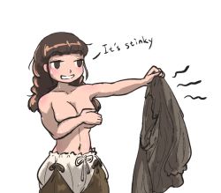 Rule 34 | 1girl, bloomers, breasts, brown hair, cleavage, covering privates, covering breasts, dirty, dirty clothes, english text, ironlily, long hair, medieval, medium breasts, navel, original, unworn shirt, simple background, solo, sweat, topless, underwear