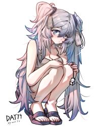 Rule 34 | 1girl, absurdres, alternate costume, arknights, bare shoulders, black footwear, blush, breasts, cleavage, commentary request, dated, feathered wings, feathers, gaoling gangqin, grey eyes, grey tank top, hair between eyes, head wings, highres, holding charm, long hair, looking at viewer, medium breasts, mulberry (arknights), sandals, simple background, solo, squatting, tank top, twintails, very long hair, white background, white feathers, white hair, white wings, wings