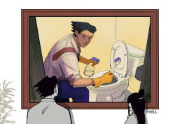 Rule 34 | 1boy, 1girl, ace attorney, black hair, blue eyes, blue pants, bottle, cleaning brush, collared shirt, commentary request, from behind, gloves, highres, holding, korean commentary, looking at viewer, male focus, maya fey, necktie, pants, phoenix wright, picture frame, red necktie, rubber gloves, shirt, short hair, sitting, spiked hair, spray bottle, toilet, white shirt, yellow gloves, yon13498812