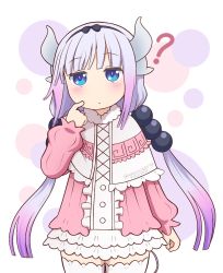 Rule 34 | 1girl, ?, blue eyes, blunt bangs, commentary, dragon girl, dragon tail, english commentary, female focus, frilled skirt, frills, fur trim, gradient hair, hair bobbles, hair ornament, highres, index finger raised, kanna kamui, kobayashi-san chi no maidragon, long hair, long sleeves, looking at viewer, low twintails, multicolored hair, pointer, sidelocks, silver hair, simple background, skirt, solo, sorreinhart, tail, thighhighs, twintails, twitter username, upper body, white background, white thighhighs, zettai ryouiki