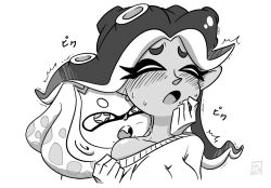 Rule 34 | 2girls, biting shoulder, blush, closed eyes, commentary, dark-skinned female, dark skin, english commentary, fang, grey background, greyscale, imminent bite, inkling, looking at another, marina (splatoon), mole, mole under mouth, monochrome, multiple girls, namuro, nintendo, octoling, off shoulder, open mouth, pearl (splatoon), splatoon (series), splatoon 2, tentacle hair, trembling, upper body, white background, yuri