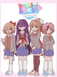Rule 34 | 4girls, ;d, blazer, blue eyes, blue skirt, blush stickers, book, border, bow, brown hair, brown thighhighs, buttons, copyright name, crossed arms, doki doki literature club, full body, green eyes, grey jacket, group picture, hair bow, hair intakes, hair ornament, hairpin, highres, holding, holding book, jacket, kneehighs, leg up, long hair, long sleeves, looking at viewer, monika (doki doki literature club), multiple girls, natsuki (doki doki literature club), neck ribbon, one eye closed, open clothes, open jacket, open mouth, own hands together, pink border, pink eyes, pink hair, ponytail, purple hair, ribbon, sayori (doki doki literature club), school uniform, shoes, short hair, side-by-side, simple background, skirt, smile, socks, standing, standing on one leg, tadeno, thighhighs, v arms, white background, white footwear, white socks, yuri (doki doki literature club)