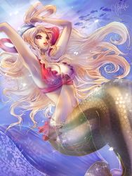 Rule 34 | 1girl, breasts, cleavage, fish, fishman island, giant, giantess, hip focus, jewelry, large breasts, lips, long hair, mad-y, mermaid, midriff, monster girl, one piece, pink hair, shirahoshi, underwater