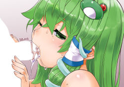 Rule 34 | 1boy, 1girl, blank censor, blush, brown background, censored, commentary request, cum, cum in mouth, dated, fellatio, frog hair ornament, green eyes, green hair, hair between eyes, hair ornament, half-closed eyes, kei jiei, kochiya sanae, long hair, one eye closed, open mouth, oral, penis, saliva, single hair tube, snake hair ornament, solo focus, sweat, touhou, upper body