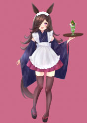 Rule 34 | 1girl, :d, absurdres, alternate costume, animal ears, apron, arm at side, black hair, black thighhighs, blue kimono, blue sleeves, blush, detached sleeves, enmaided, eyelashes, food, frilled apron, frills, full body, geta, hair over one eye, hand up, highres, holding, holding tray, horse ears, horse girl, horse tail, japanese clothes, kimono, long hair, long sleeves, looking at viewer, maid, maid apron, maid headdress, miyai (myai04), okobo, one eye covered, open mouth, parfait, parted bangs, pleated skirt, purple eyes, red background, red skirt, rice shower (umamusume), sandals, short kimono, sidelocks, skirt, sleeveless, sleeveless kimono, smile, solo, standing, swept bangs, tail, thighhighs, tray, umamusume, wa maid, white apron, wide sleeves