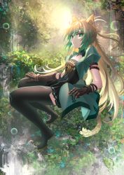 Rule 34 | 1girl, animal ears, atalanta (fate), black dress, black gloves, black thighhighs, blonde hair, bubble, closed mouth, commentary, dress, fate/apocrypha, fate/grand order, fate (series), gloves, green dress, green eyes, green hair, highres, kaze minoru so-ru, leaf, lion ears, lion tail, long hair, looking at viewer, multicolored clothes, multicolored hair, nature, outdoors, plant, puffy short sleeves, puffy sleeves, short sleeves, smile, solo, sunlight, tail, thighhighs, two-tone dress, two-tone hair