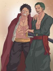Rule 34 | 2boys, aged up, black eyes, black hair, clenched teeth, commentary request, earrings, facial hair, facial scar, green hair, highres, jewelry, katana, male focus, monkey d. luffy, multiple boys, one eye closed, one piece, open clothes, open mouth, roronoa zoro, scar, scar on cheek, scar on chest, scar on face, short hair, single earring, smile, suzu (suzuran piece), sword, teeth, weapon