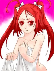 Rule 34 | 1girl, bare shoulders, bed sheet, blush, lowres, red eyes, red hair, richa doa, rommy, tales of (series), tales of the tempest, twintails