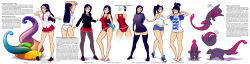 Rule 34 | 1girl, aitako, alternate costume, alternate hairstyle, alternate legwear, ass, barefoot, black hair, blue eyes, breasts, casual, character sheet, color guide, competition swimsuit, deliciousorange, denim, denim shorts, dress, english text, highres, loafers, long hair, long legs, monster, naked shirt, necktie, no panties, one-piece swimsuit, original, panties, pantyhose, parted bangs, pleated skirt, ponytail, school uniform, schoolgirls love tentacles, shirt, shoes, shorts, skirt, small breasts, sneakers, solo focus, spaghetti strap, sweater, sweater dress, swimsuit, t-shirt, tank top, thighhighs, turtleneck, twintails, underwear, waking up, wiggles