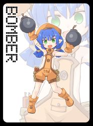Rule 34 | 1girl, ass, blue hair, blush, bomb, boots, child, explosive, flat chest, gloves, green eyes, hat, kso, long hair, open mouth, original, smile, weapon