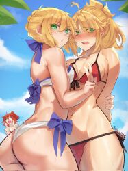 3girls ahoge artoria_pendragon_(all) artoria_pendragon_(fate) artoria_pendragon_(swimsuit_archer)_(fate) ass blonde_hair blush bow commentary crying deccatezu english_commentary fate/grand_order fate_(series) flustered fujimaru_ritsuka_(female) green_hair highres hug interlocked_ahoge mordred_(fate) mordred_(fate)_(all) mordred_(swimsuit_rider)_(fate) mother_and_daughter multiple_girls navel official_alternate_costume open_mouth orange_hair saber_(fate) sky swimsuit twitter_username v wet