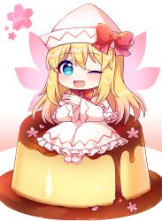 Rule 34 | 1girl, :d, ;d, absurdres, birthday, blonde hair, blue eyes, bow, capelet, custard, dress, fairy wings, flower, food, full body, gradient background, hat, hat bow, heart, highres, kaoling, lily white, long hair, long sleeves, looking at viewer, on food, one eye closed, open mouth, pink background, pink flower, pink wings, red bow, signature, sitting, smile, solo, touhou, white capelet, white dress, white footwear, white hat, wide sleeves, wings