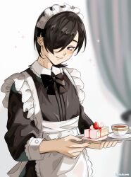 Rule 34 | 1boy, absurdres, alternate costume, apron, bishounen, black hair, blurry, blurry background, blush, bow, cake, crossdressing, cup, enmaided, food, hair over one eye, highres, holding, holding tray, kurosu jun, looking to the side, maid, maid apron, maid headdress, male focus, persona, persona 2, persona 2 tsumi, red eyes, risuko.exe (artist), short hair, smile, solo, sparkle, strawberry shortcake, tea, teacup, tray